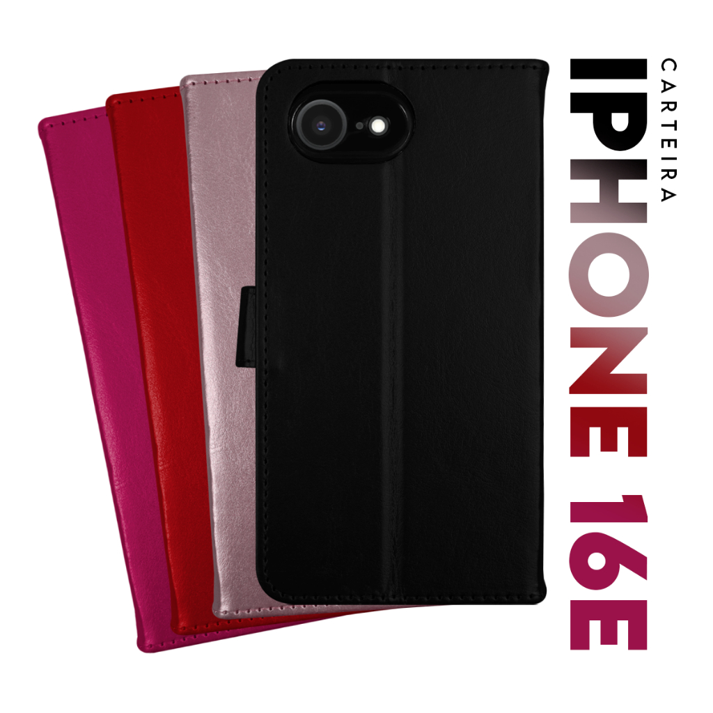 Capa Case Capinha Carteira Flip Cover Couro Sintético PRETA Para IPhone 16e tela 6.1 pol Cell in Power25