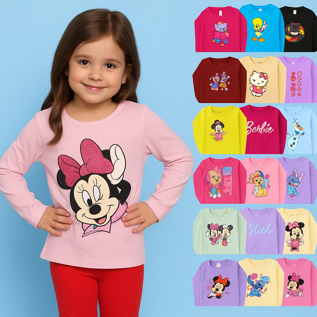 Kit 3 Camisetas Manga Longa Infantil Menina Feminina 2 a 8 Anos Sortidos