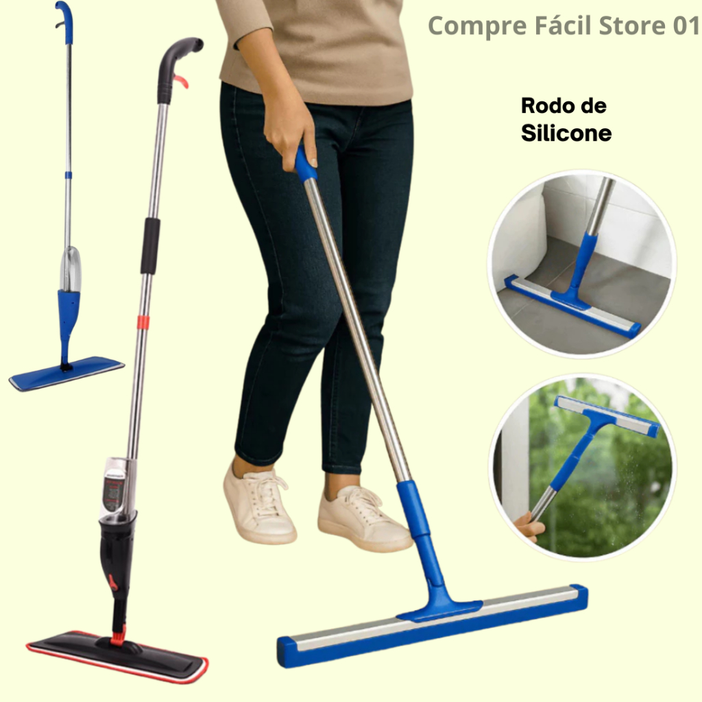 Kit Mop Spray Rodo Inteligente Limpeza Flash Mágico Esfregão Flat + Rodo Silicone Flexível Sortido
