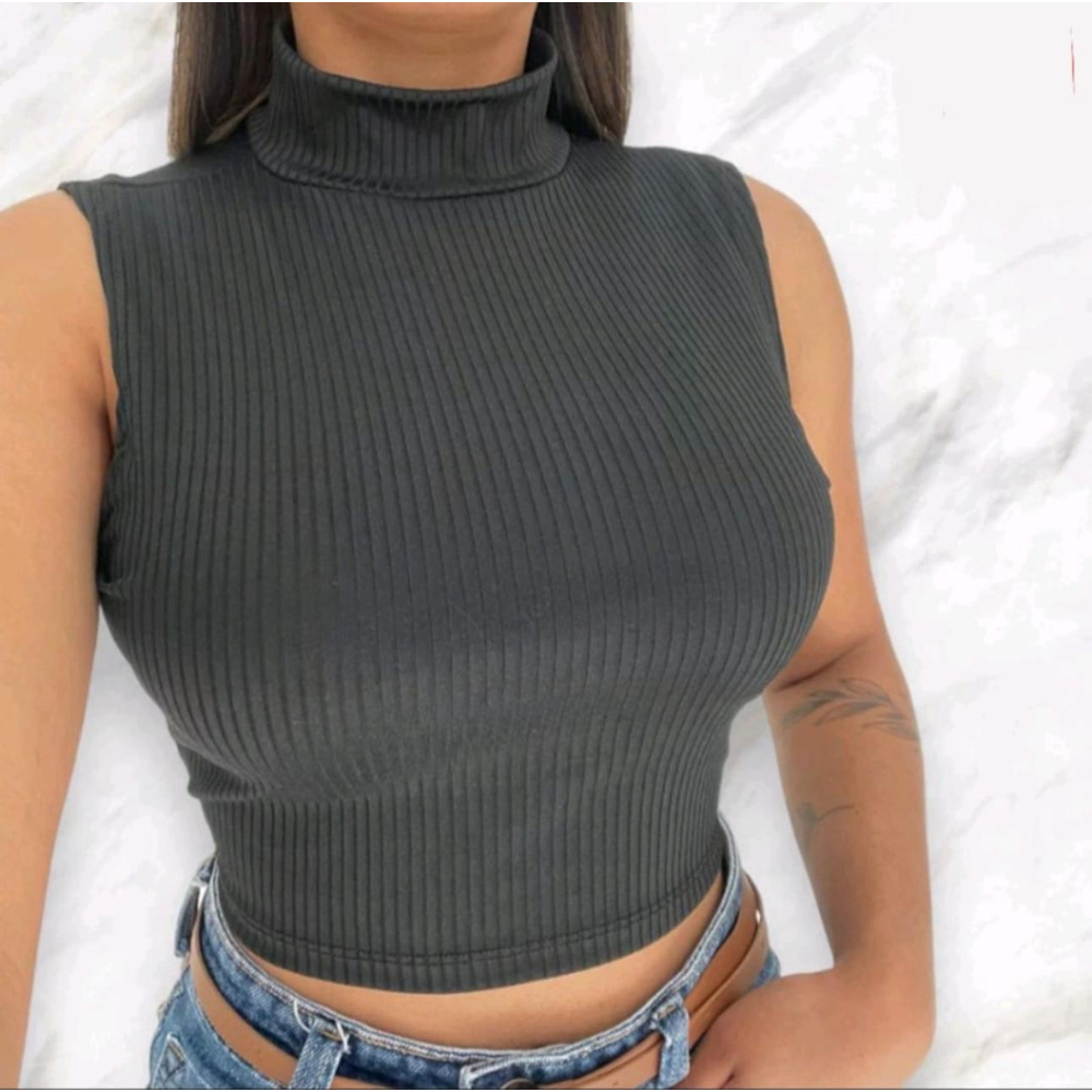 Cropped Gola Alta Feminino Canelado Básico e Versátil
