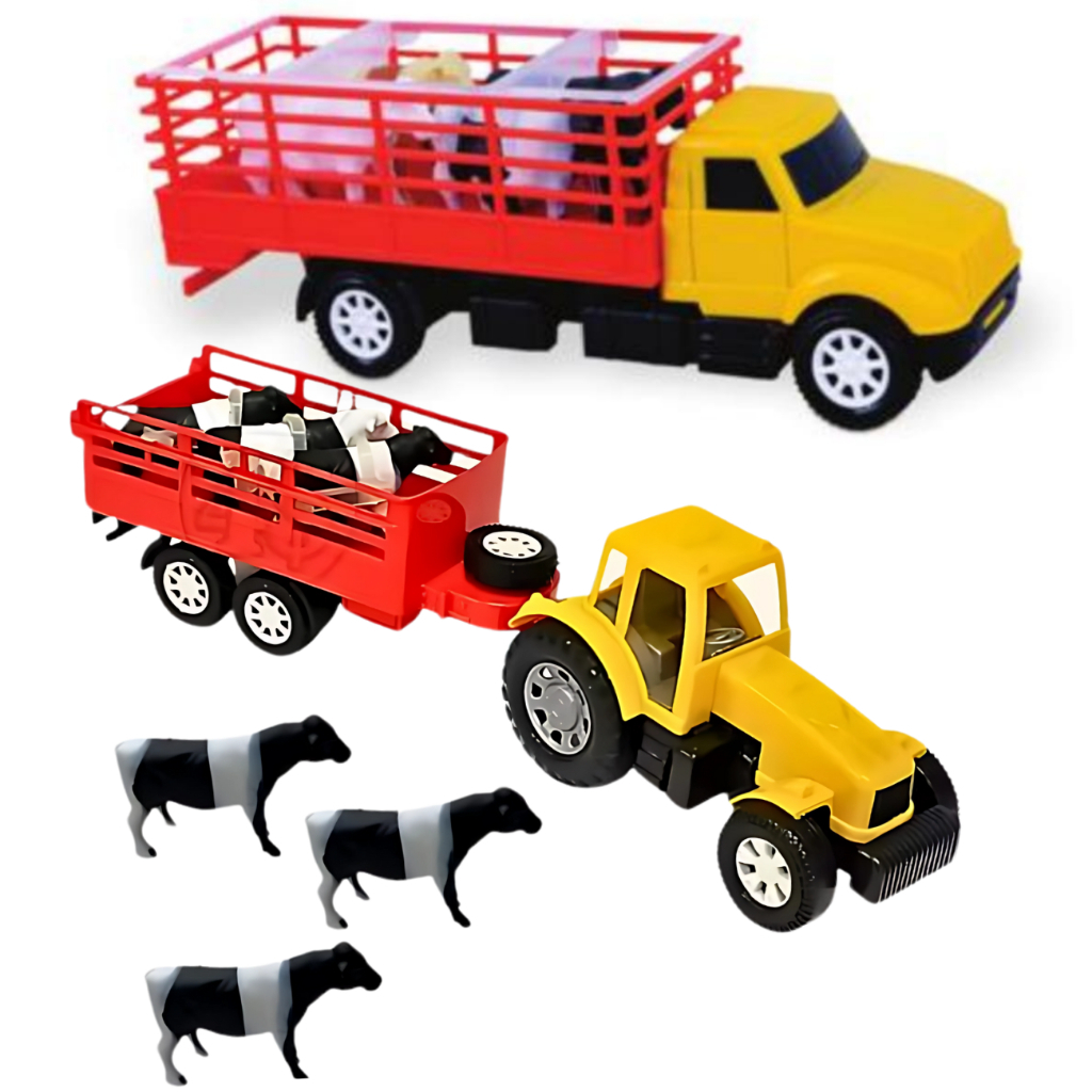 Kit Trator Animais 3 Boizinhos Caminhão Boiadeiro Com 4 Bois Brinquedo infantil Criança Brinquedo De Menino