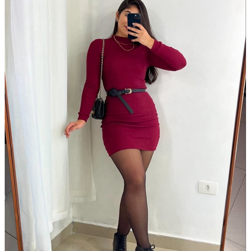 Vestido Curto Manga Longa Tubinho Colado Feminino Malha Canelada Tendência Outono Inverno