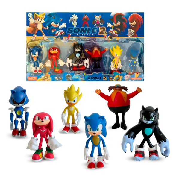 Boneco Sonic Kit 6 Personagens 13 cm Werehog Knuckles metal Sonic Super Sonic Super Sonic Dr Eggman