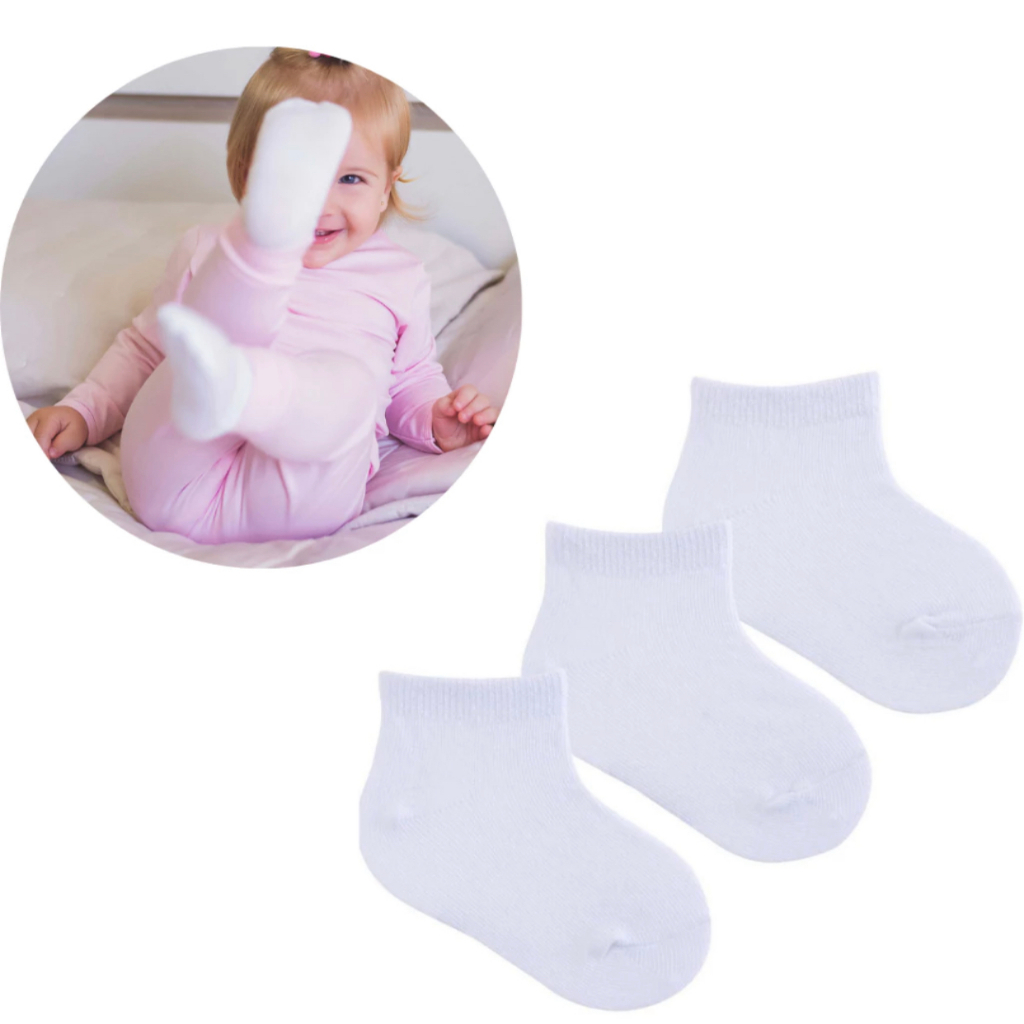 Kit 3 / 6 / 12 Pares Meias 0 à 4 anos Infantil Bebê Branco / Preto Menina Menino