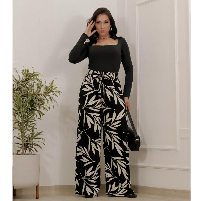 CALÇA PANTALONA ESTAMPADA CINTURA ALTA (FORRO E BOLSO) em Oferta na Shopee