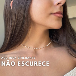 Colar de Pérolas Dourado Choker Feminino Elegante Aço Inoxidável Hipoalergênico Delicado Não Escurece Aço Inox