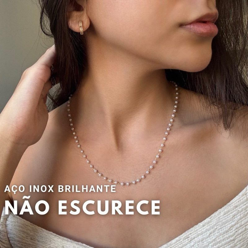 Colar pérola aço inoxidável feminino elo dourado em Oferta na Shopee
