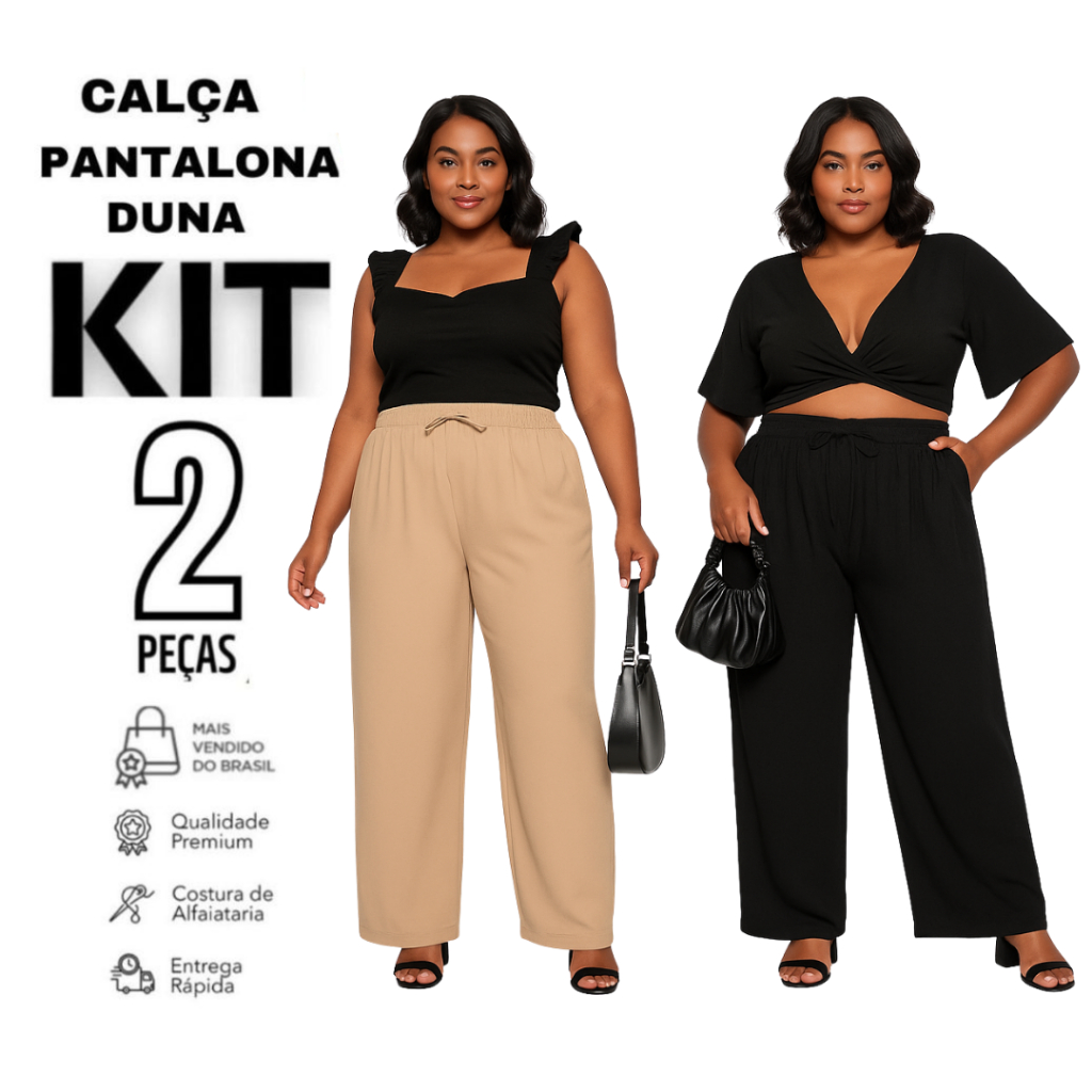 Kit 2 Calça Feminina Plus Size Pantalona Duna Feminina Elástico Na Cintura Com Bolso em Oferta na Shopee