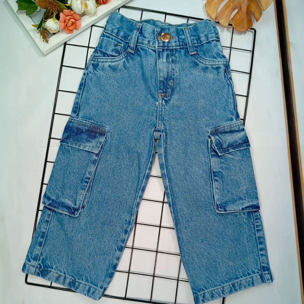 Calça Jeans Cargo Infantil Feminina Com Bolso Sanfonado em Oferta na Shopee