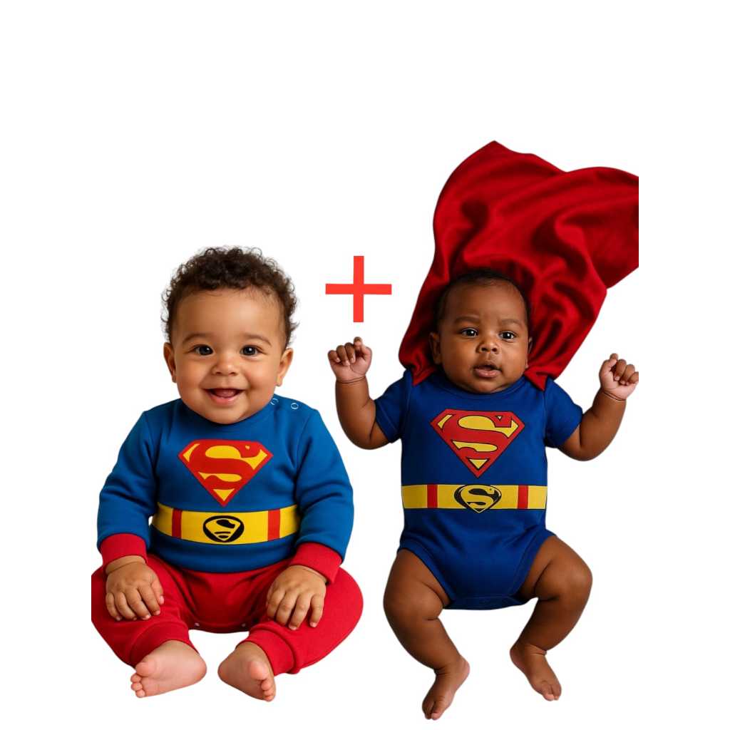 MACACÃO SUPER MAN + BODY COM CAPA SUPER HOMEM SUPER HERÓI FANTASIA MENINO