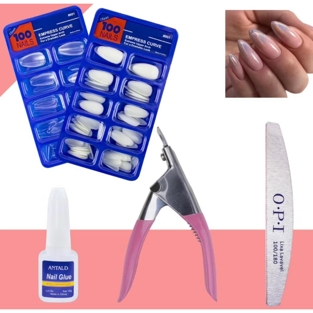 KIT UNHA POSTIÇA BAILARINA REALIST - Leitosa ou Transparente +Cola com Pincel +Cortador de Tips+Lixa