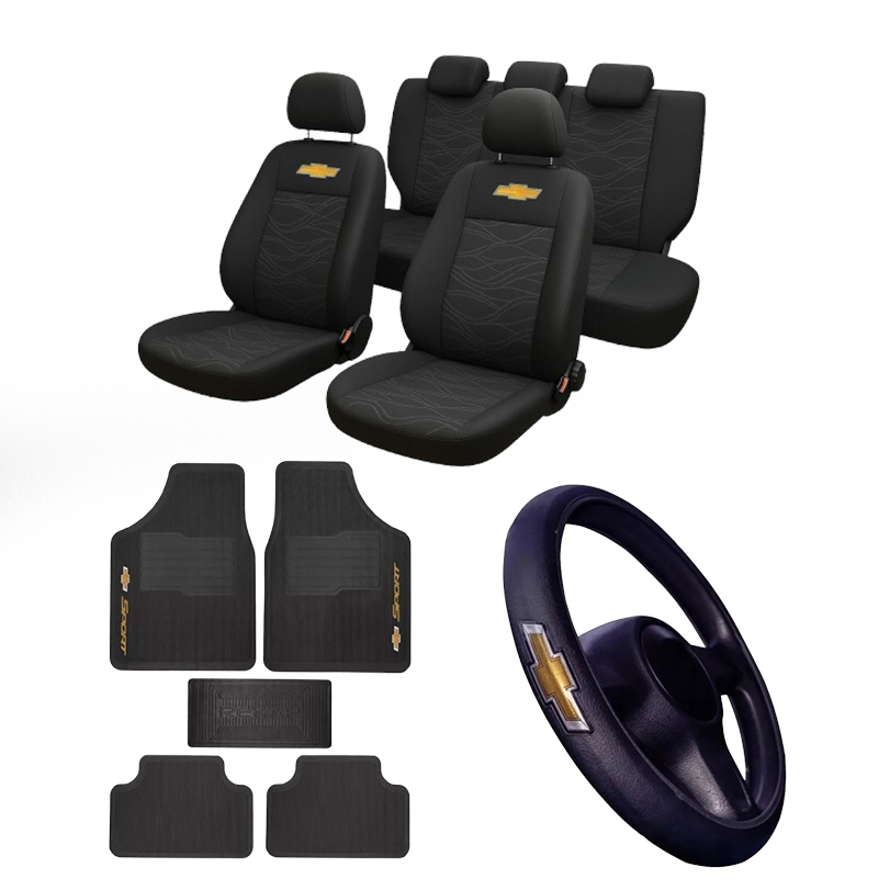 Capa Banco Chevrolet com Tapete e Volante Logo Bordado Celta Classic Prisma Tracker