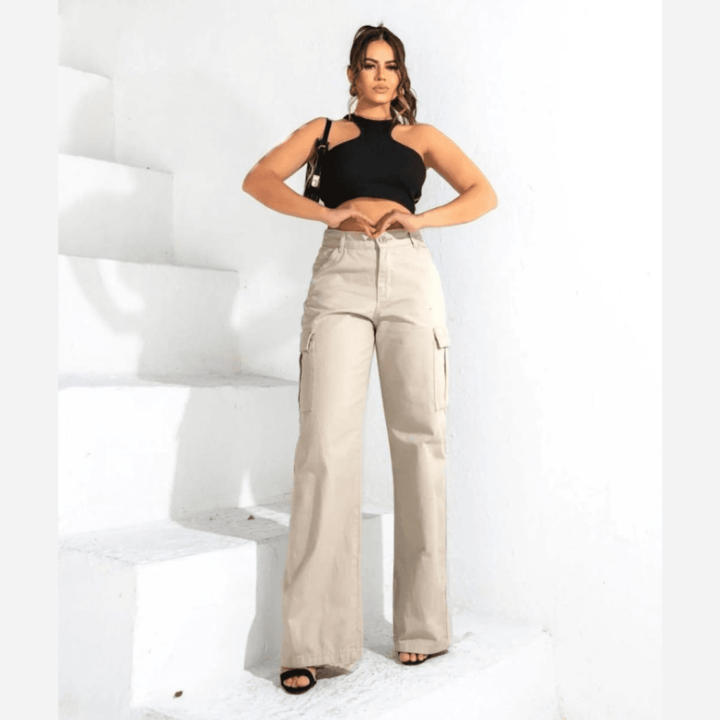Calça Jeans Feminina Cargo Wide Leg Pantalona Cintura Alta Bolso Lateral 100% Algodão