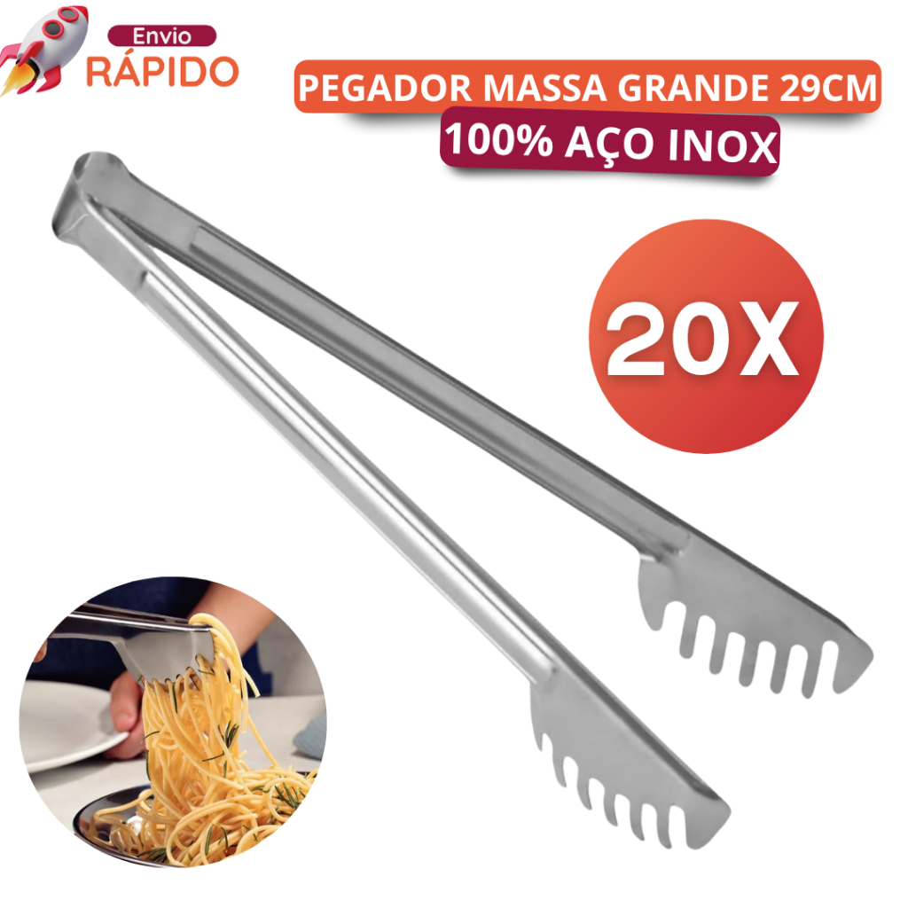 Kit 20 Aço Inox Pegador de Massa Grande 29cm Macarrão Universal Salada Buffet Restaurante Cozinha