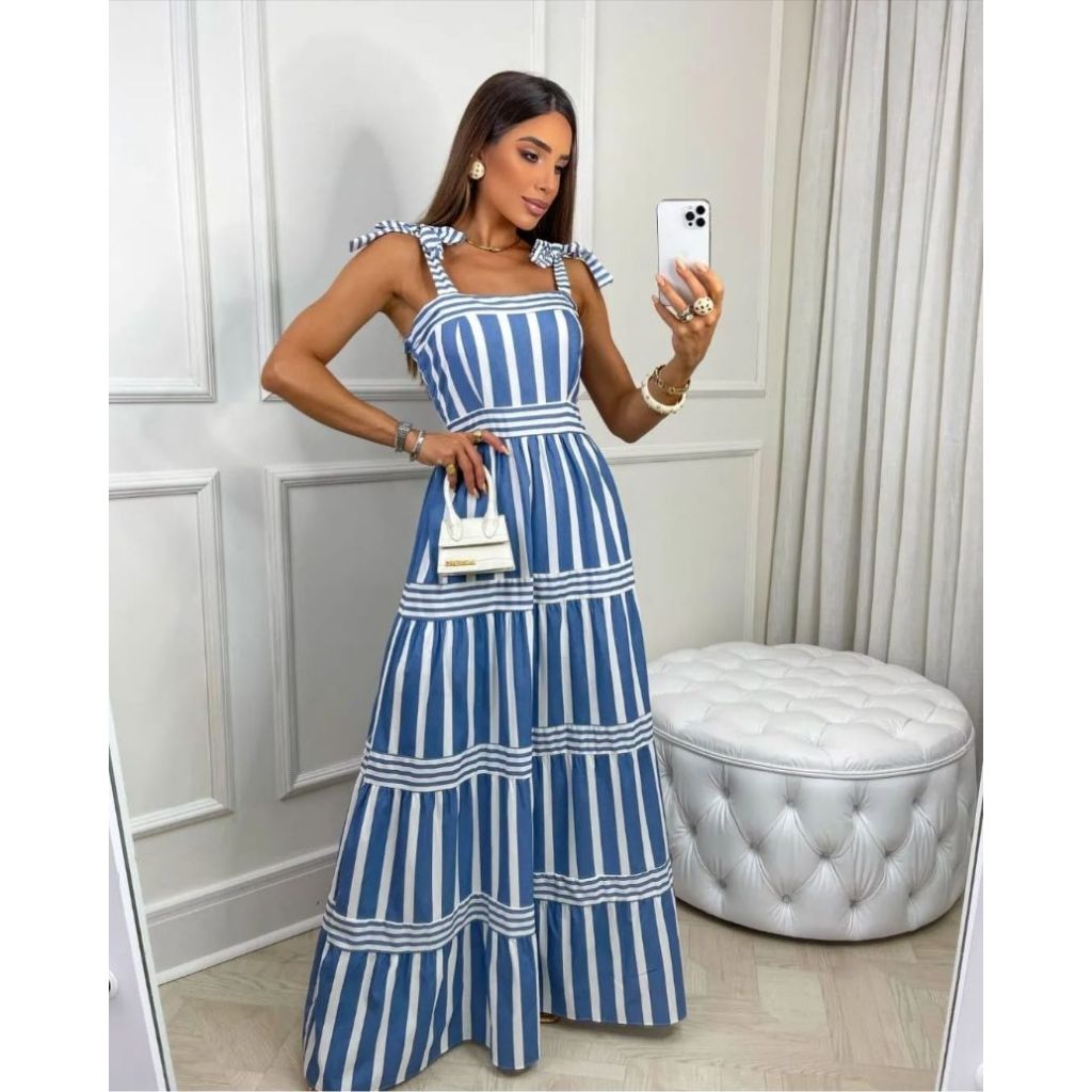 Vestido longo, Listrado, Bloco de cores, Estampa total, look Casual, com Babado, alça com amarração, elegante, atemporal