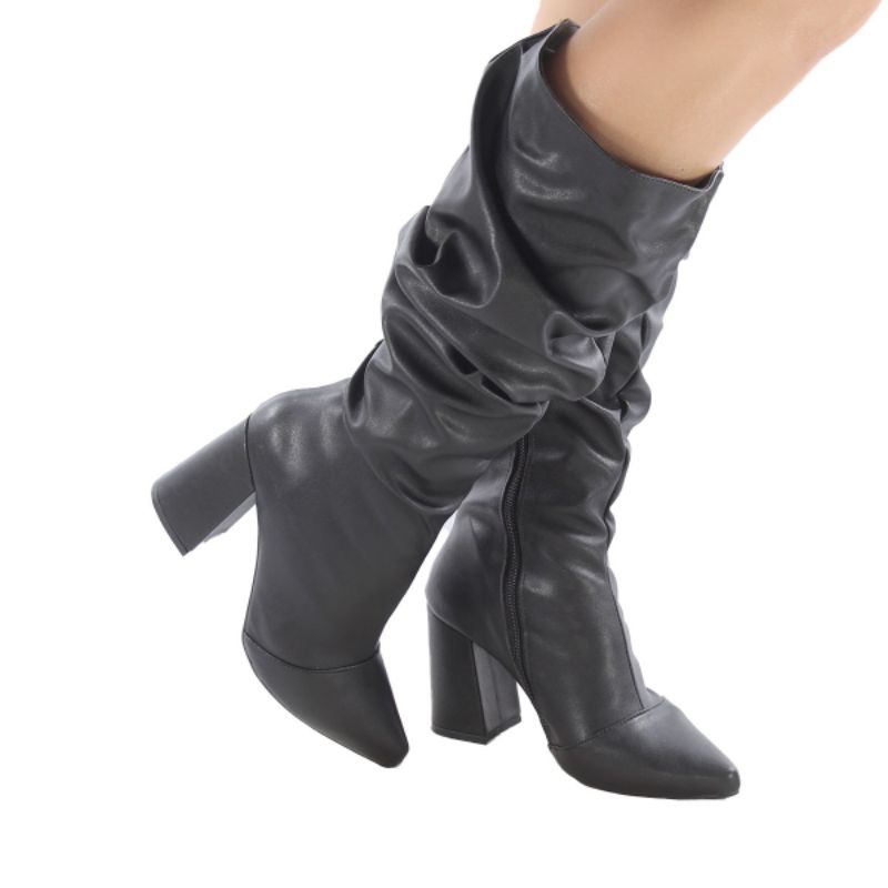Bota feminina cano longo Enrugada Slouch bico fino salto bloco 8cm