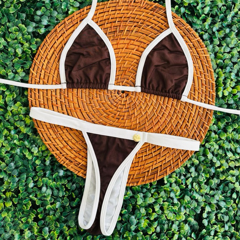 conjunto biquini fio dental poliamida fita bronze