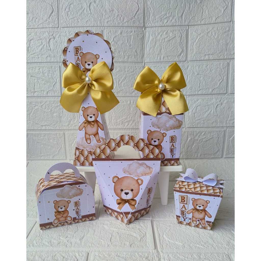 Kit Festa Personalizados Revelação Ursinho Bege/Dourado Lembrancinhas Caixinhas para festas e Decoração
