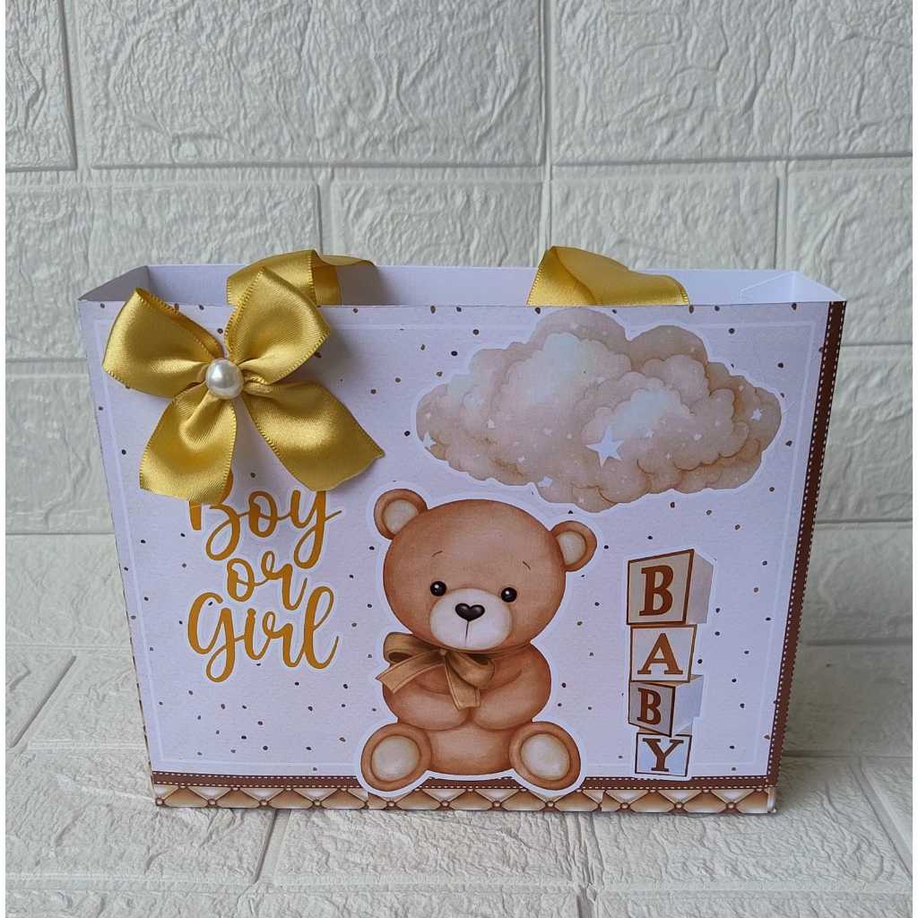 Sacola/Sacolinha de papel personalizada(G) Revelação Ursinho Bege (Com Laço e Alça de cetim) Lembrancinhas para Festa