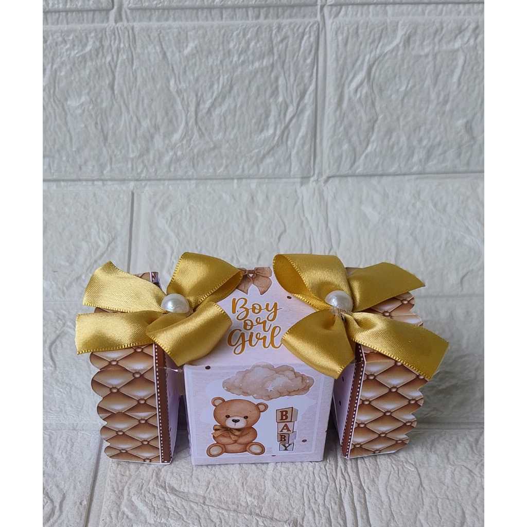 Caixa Bala Personalizada Revelação Ursinho Bege/Dourado Lembrancinhas Caixinhas para festas e decoração