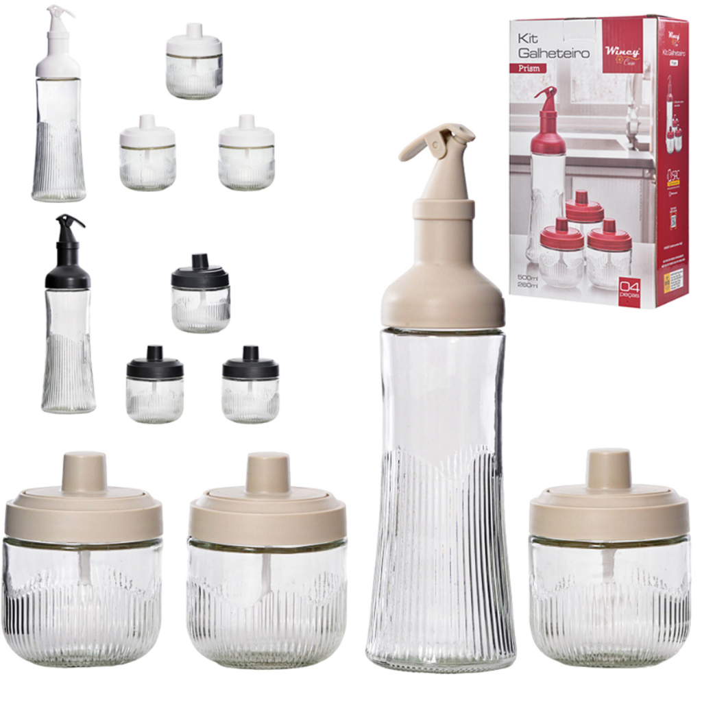 KIT GALHETEIRO AZEITEIRO / VINAGREIRO COM BICO DOSADOR + 3 PORTA CONDIMENTO DE VIDRO COM TAMPA+ COLHER PRISM