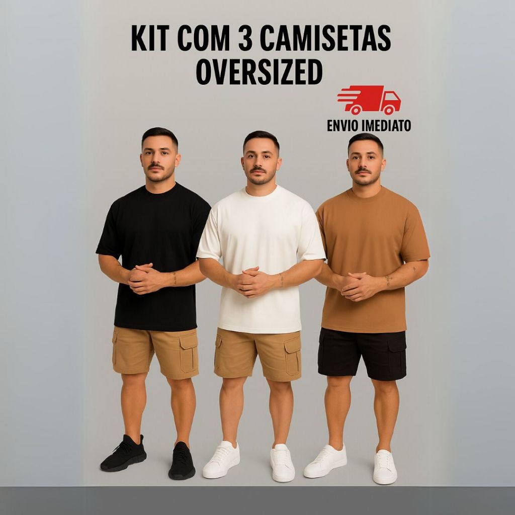 KIT 3 Camiseta Oversized Masculina Premium 100% Algodão Streetwear Estilo Casual Caimento Perfeito Moda Confortável