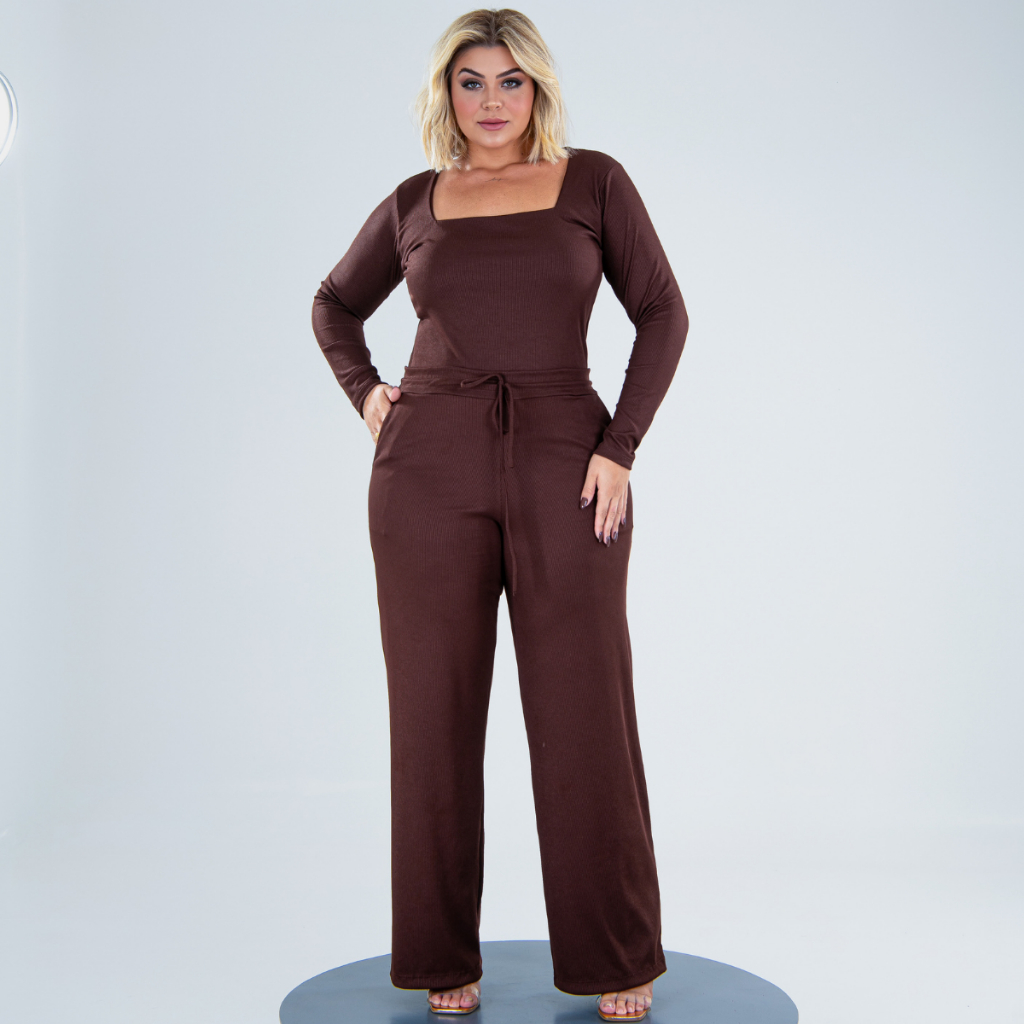 Conjunto De Frio Plus Size Manga Longa Calça Pantalona Wide Leg Chique Elegante  Alta Dia ...