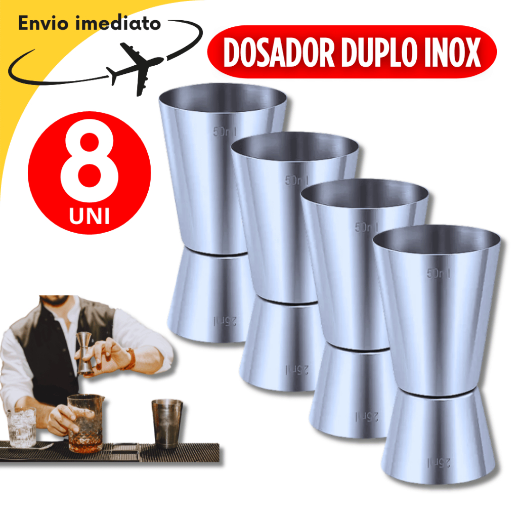 Conjunto 8 Dosador Duplo De Bebidas Medidor Coquetel Inox Bartender Drink Whisky Vodka Gin Licor Bar Lanchonete Buffet