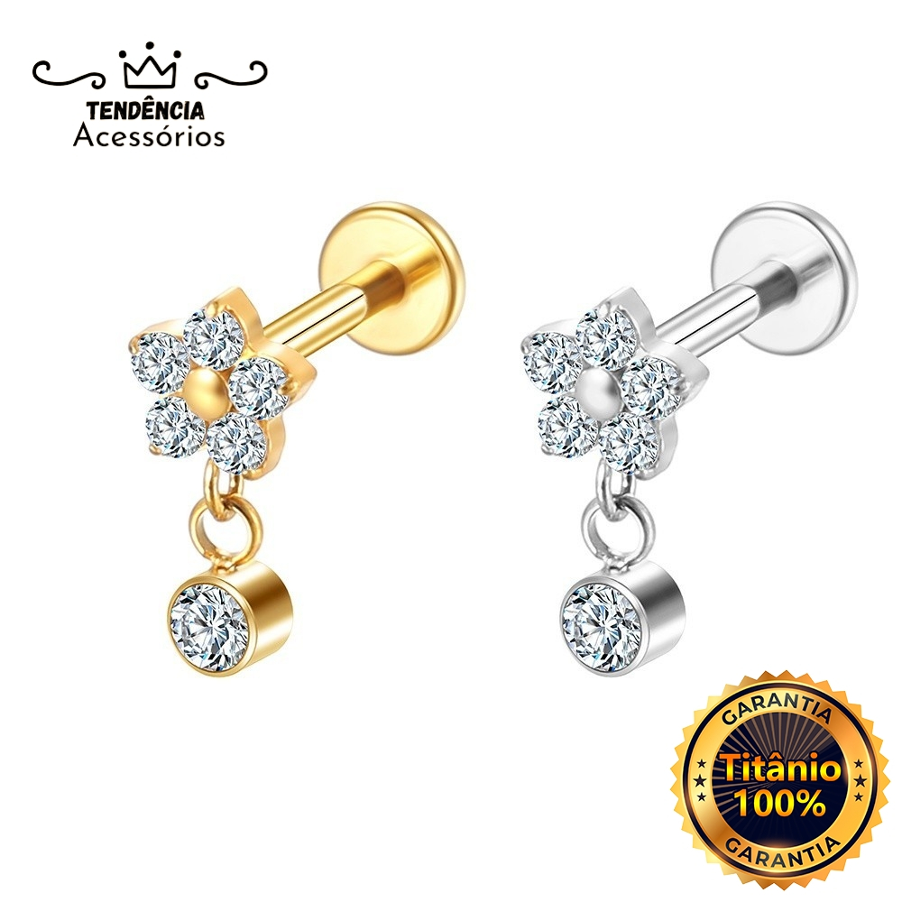 Piercing Helix Conch Labret Titânio Pvd Flor Com Pingente Zircônia