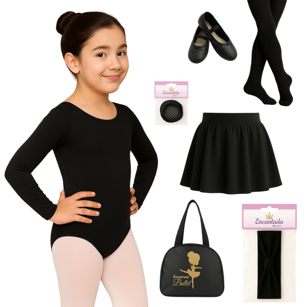 KIT Ballet (7 pç - PRETO) Manga Longa + Saia Cós + Rede + Faixa + Meia Fio 40 + Sapatilha + Bolsa