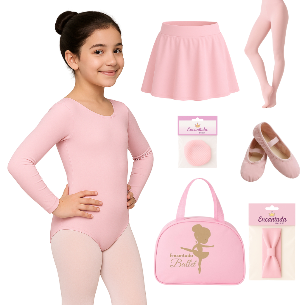 KIT Ballet (7 pç - ROSA) Manga Longa + Saia Cós + Rede + Faixa + Meia Fio 40 + Sapatilha + Bolsa