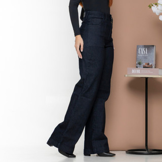Calça Jeans Feminina Sawary Wide Leg Original Cintura Alta Com Lycra Elastano Comprida Azul Escuro