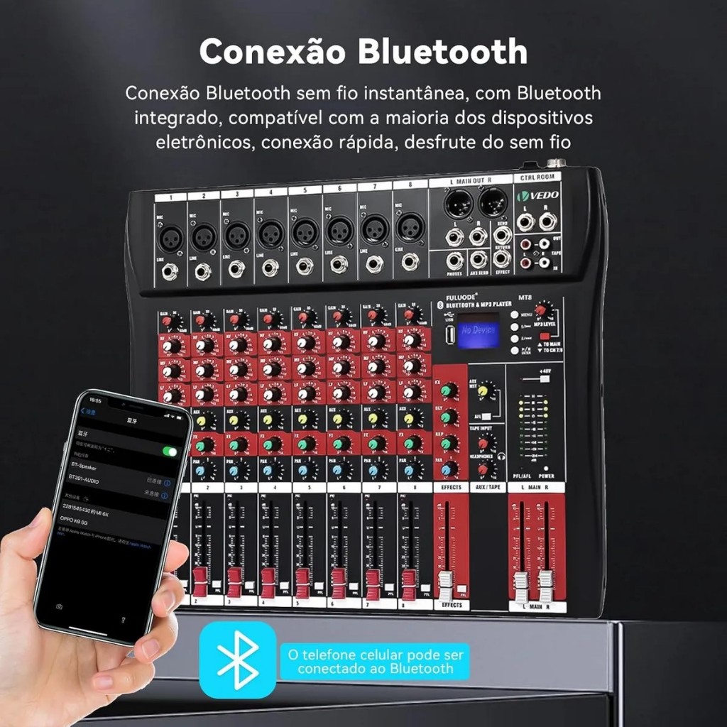 VEDO 8 Canais Misturador De Som áudio Mesas De Som Console De Mixagem Profissional DJ controlador Tela LCD Com luz