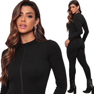 Macacão Virginia Manga Longa Ziper Moda Gringa Canelado Anarruga Premium Luxo Modelador em Oferta na Shopee