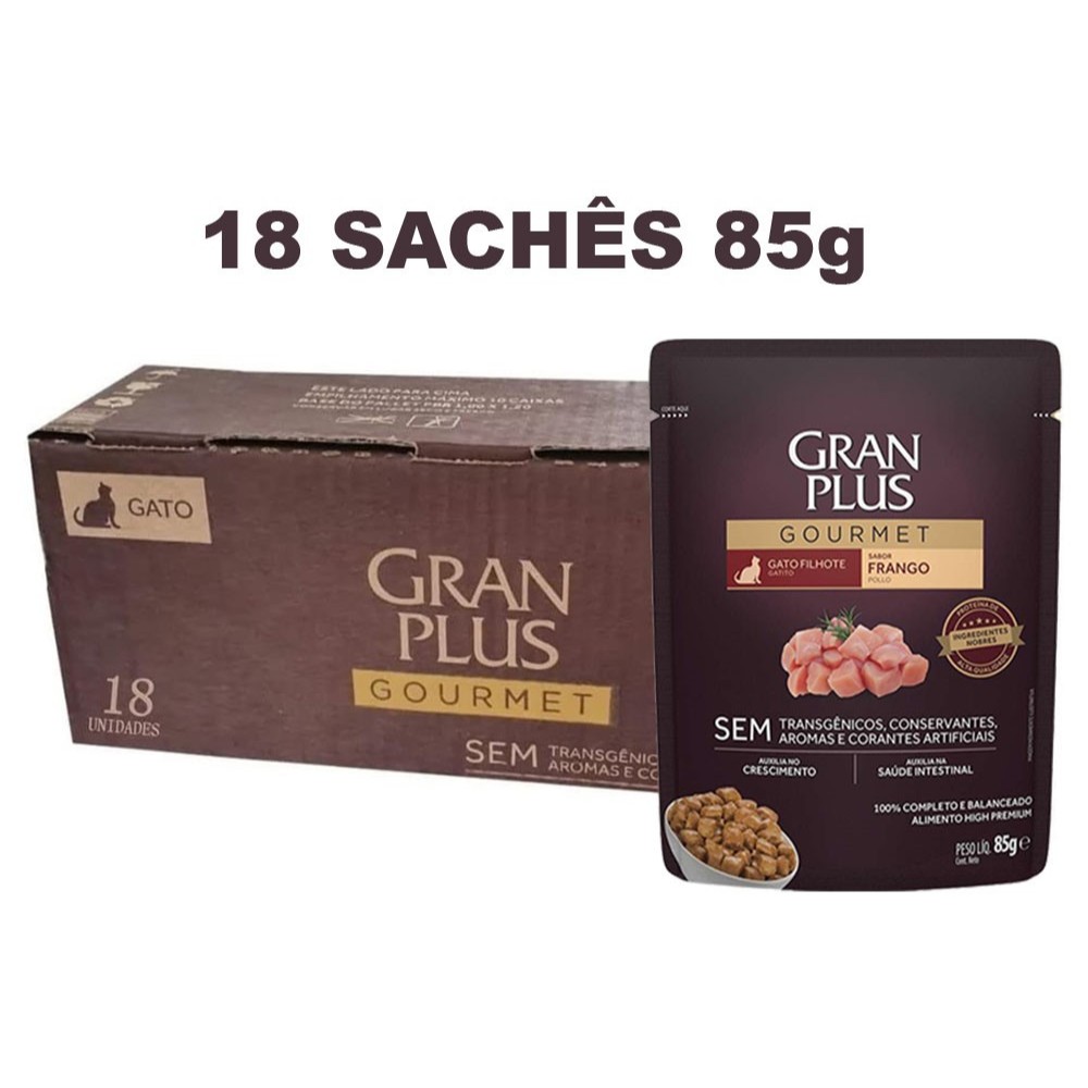 Ração Úmida Sachê GranPlus Gourmet para Gatos Filhotes sabor Frango kit 18un de 85g cada