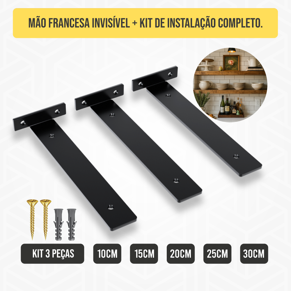 Kit 3 Un - Mão Francesa Cantoneira Invisível Suporte Invertida em Aço Carbono 2 Cores de 10 a 30cm