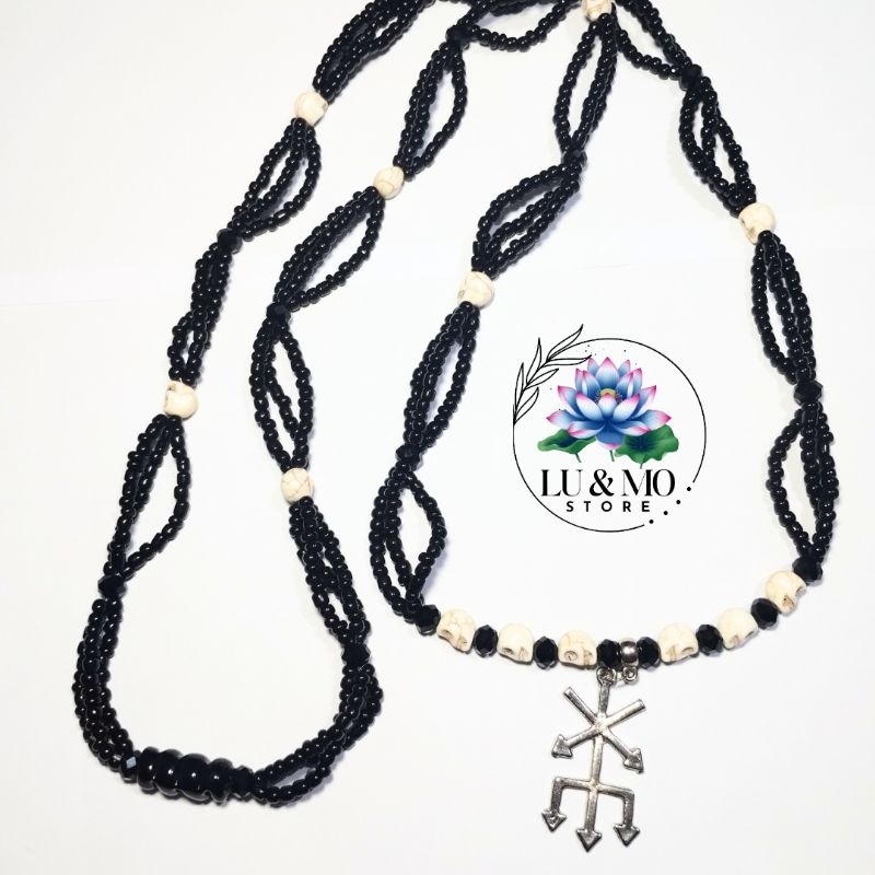 Colar Guia Proteção Exu Caveira João Caveira Tata Caveira 3 Fios Umbanda e Candomblé 60cm