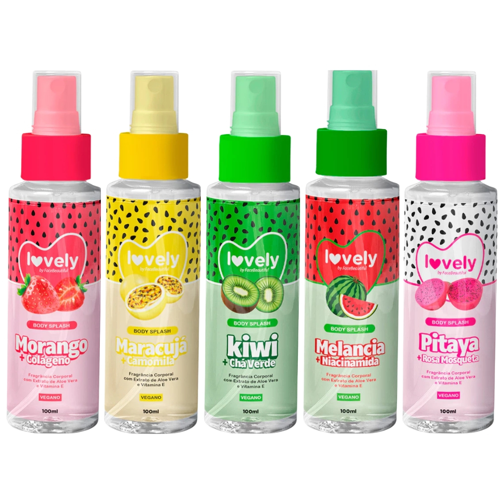 Kit C/5 Body Splash Morango, Maracujá, Kiwi, Melancia e Pitaya 100ml Vegano Lovely - Face Beautiful em Oferta na Shopee