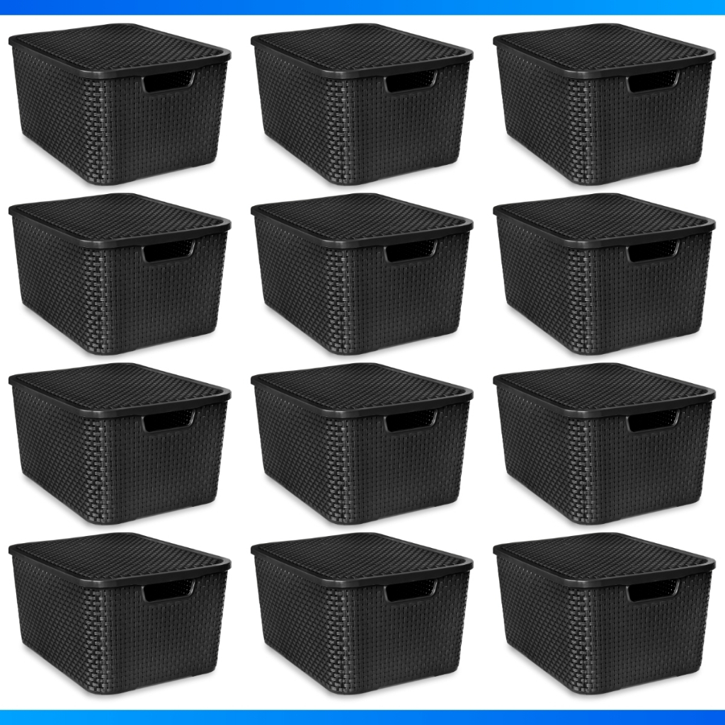 Kit 12 Caixa Organizadora Rattan Preto Com Tampa 7 Litros - PROMOÇÃO