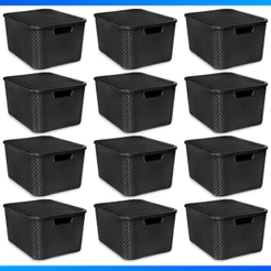 Kit 12 Caixa Organizadora Rattan Preto Com Tampa 7 Litros - PROMOÇÃO