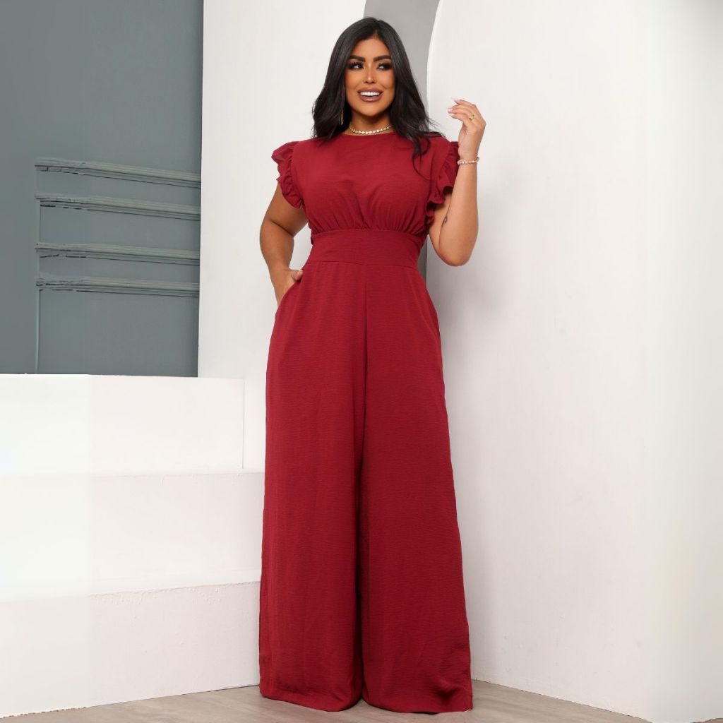 Macacão Feminino Longo Plus Size Babado  Cintura Marcada  Elegância Conforto