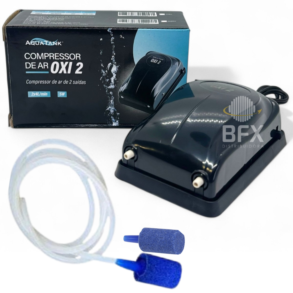 Kit Compressor Bomba de Ar para Aquario com 2 Saidas + 2 Metros de Mangueira + 2 Pedras Porosa