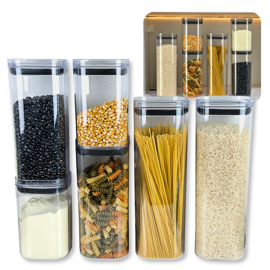 Kit 6 Potes Hermético Organizador Transparente Porta Mantimentos Acrílico Quadrado Cozinha UZ