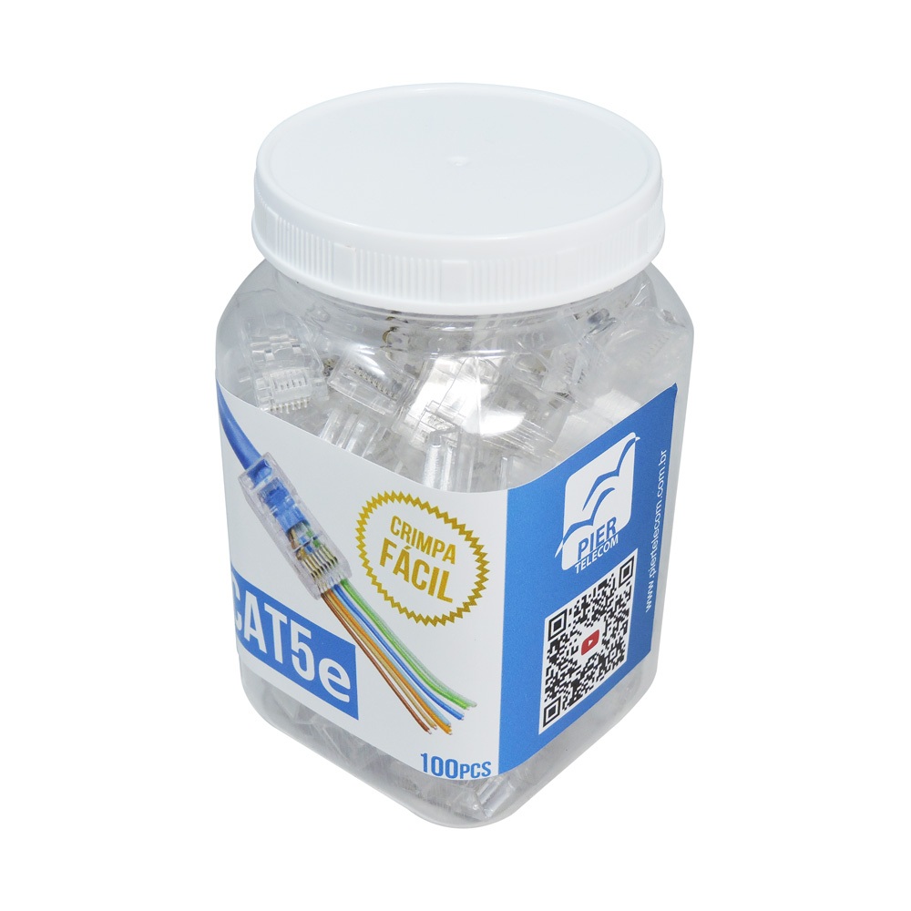 Pote Conector Macho Plug RJ45 Cat5e de Passagem EZ Crimp 100 Peças - Pier Telecom