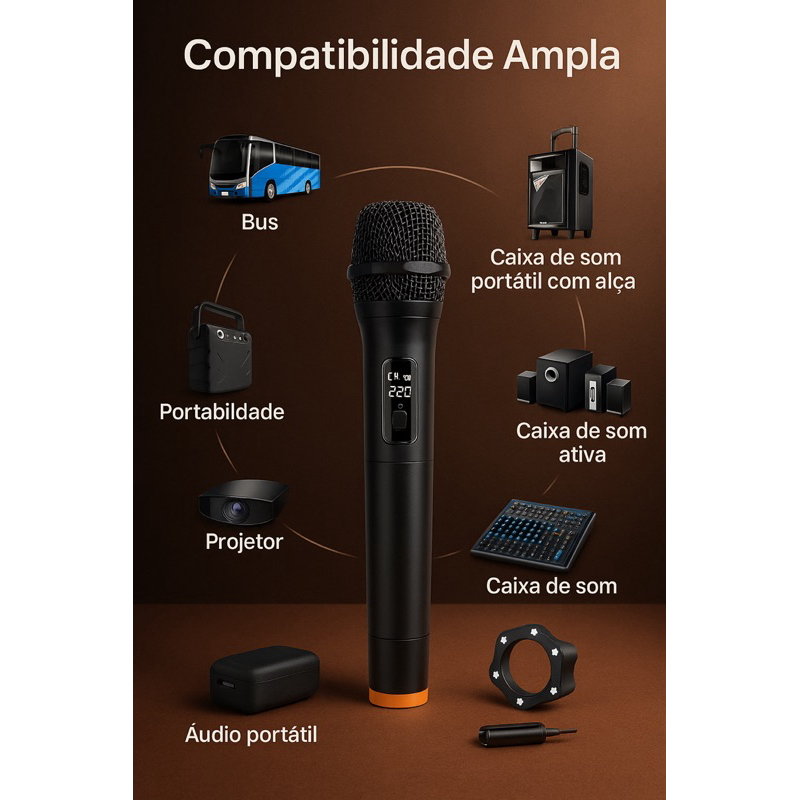 Microfone Sem Fio Profissional Alcance 10 Metros Caixa de Som Palestras Karaokê Eventos e Igreja - detalhe