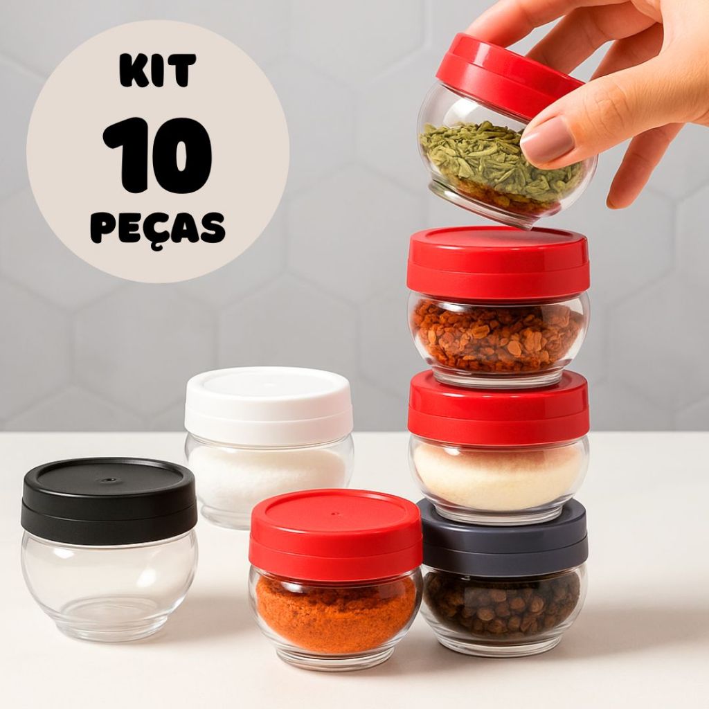 KIT 10 Jogo Potes Potinhos Organizador Plasútil Gire Trave 155 mL Kit Porta Temperos Condimentos em Oferta na Shopee