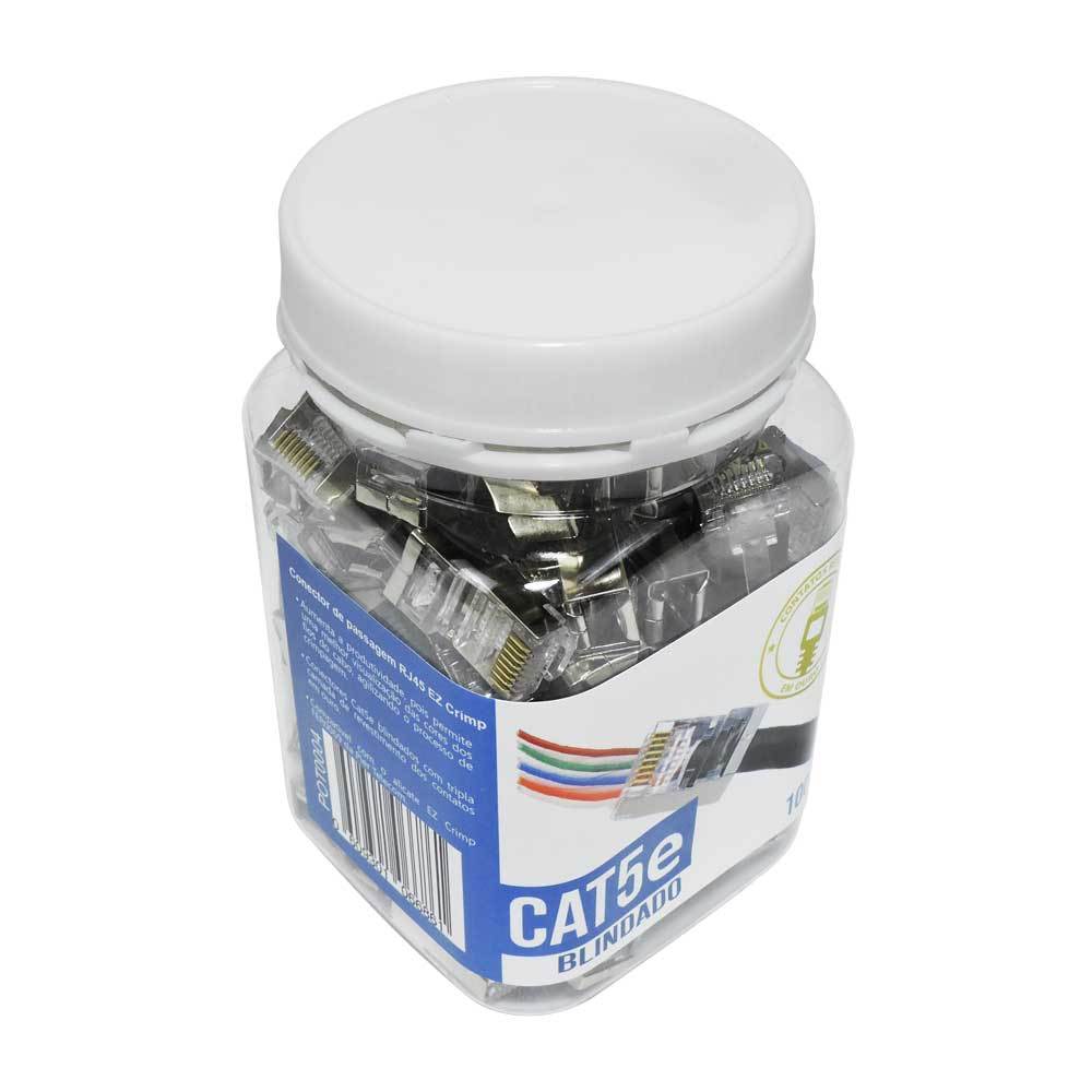 Pote Conector Macho Plug RJ45 Cat5e Blindado de Passagem EZ Crimp 100 peças - Pier Telecom