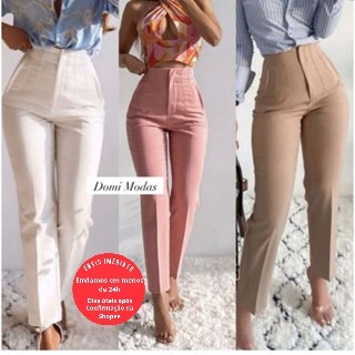 Domi Modas Calça Alfaiataria Feminina Cintura Alta LaNçamento Moda ZR 020