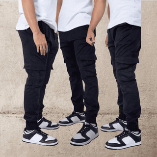 Calça Jogger Masculina Cargo Jeans Claro Cos Elástico Cordão Sarja Preto Com Bolsos Laterais Premium