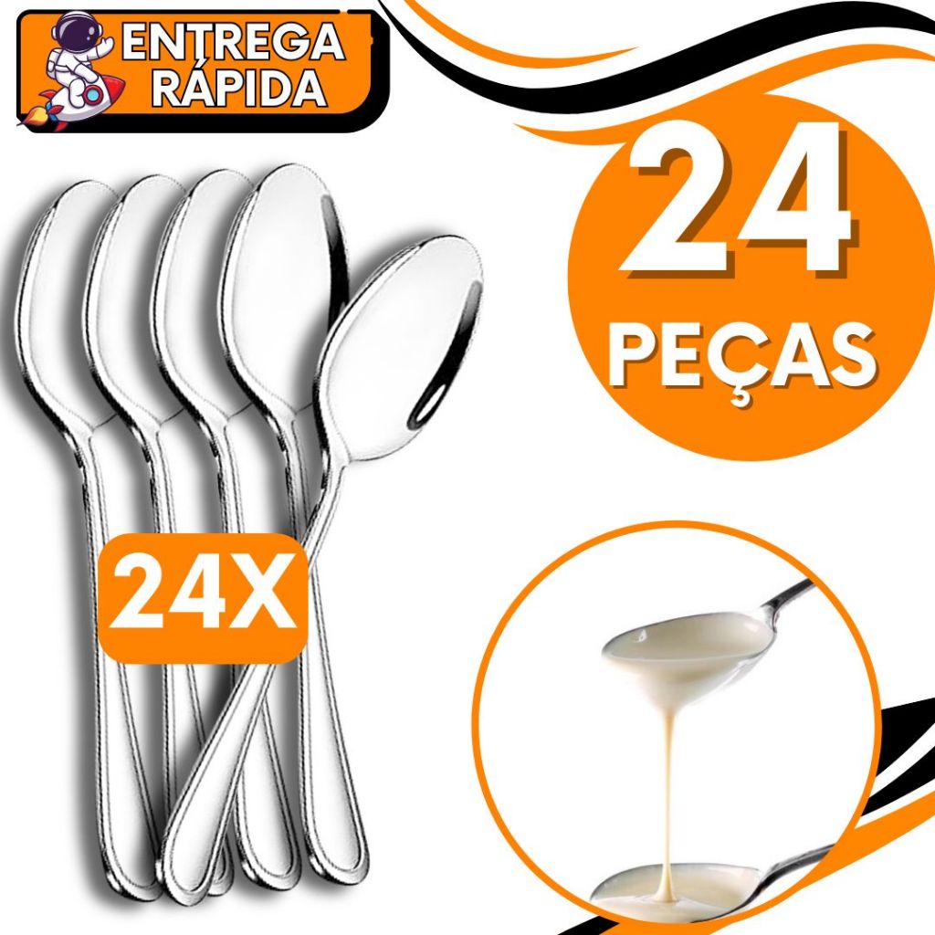 KIT 24 Colher Mesa Sopa Caldo Arroz Risoto Pure Aço Inox Resistente Talher Grande Casa Cozinha Restaurante Pizzaria